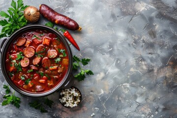 A delicious bowl of stew with sausage and vegetables, perfect for food blogs or recipe websites