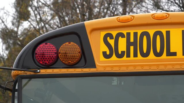 School bus. School bus stands in parking lot near the school, close-up shot