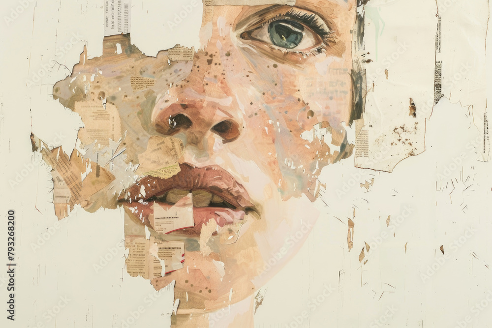 Poster painting of a womans face with torn pieces of paper overlapping the image, creating a collage effect