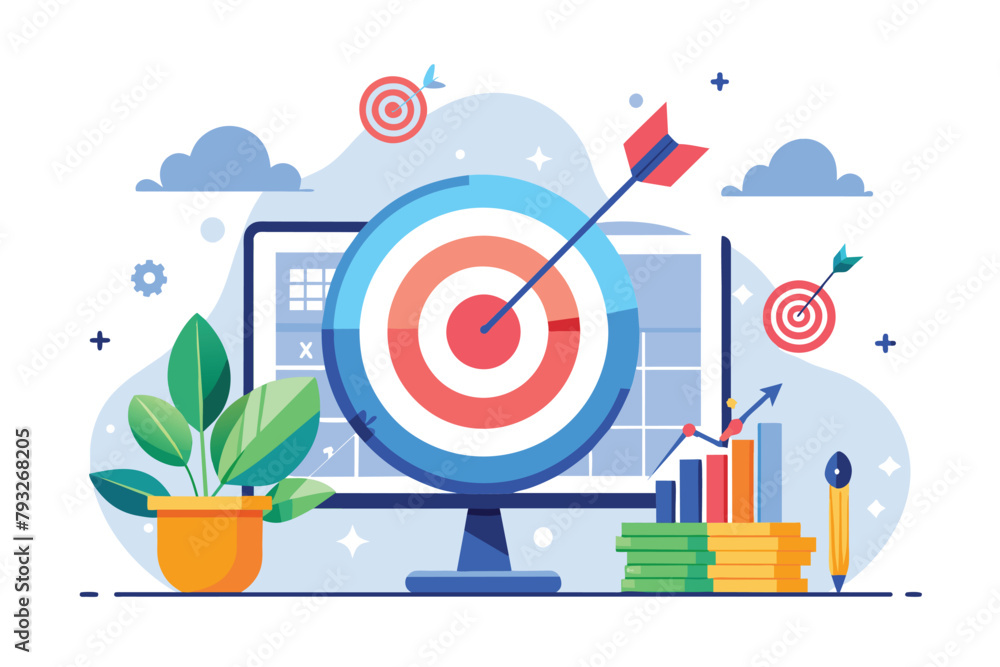 Poster computer screen with target display, plan the target stock market, simple and minimalist flat vector