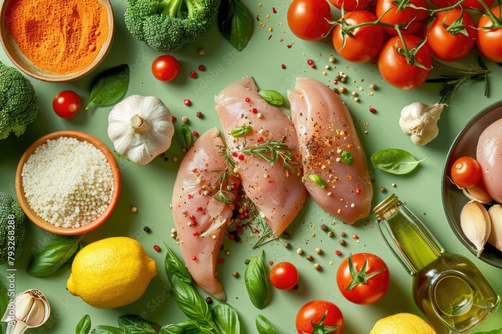 Poster assortment of different types of food on a table, perfect for food and culinary themes