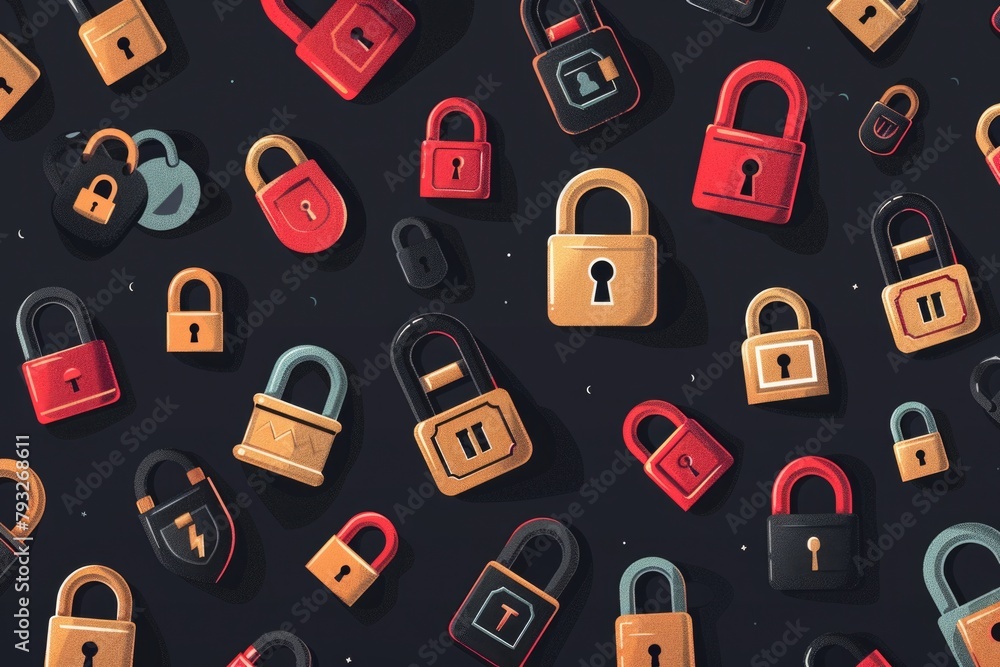 Poster Various colored padlocks displayed on a black background. Suitable for security concepts