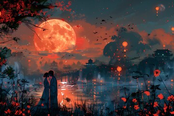 A couple is kissing under a full moon in a beautiful, serene landscape. Tanabata, The Star-Crossed Lovers' Festival