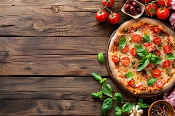 Delicious pizza on a rustic wooden table, perfect for food blogs or restaurant menus