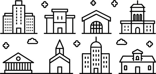 Naklejka premium Building Line Editable Icons set. Line Vector illustration in modern thin line style of types of residential and public buildings condo, government, school, church, e.c.t. Isolated on white