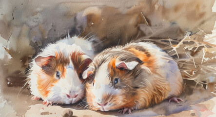 A painting depicting two brown and white hamsters interacting in a natural setting
