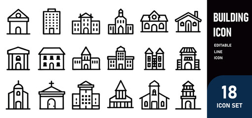 Building Line Editable Icons set. Line Vector illustration in modern thin line style of types of residential and public buildings condo, government, school, church, e.c.t. Isolated on white