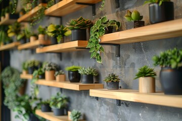 Home decor. wooden shelves with potted plants for elegant wall decoration and interior enhancement