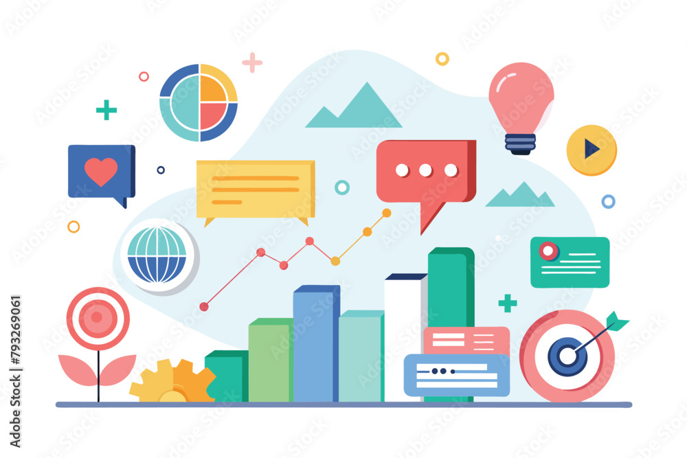 Poster a flat design filled with diverse objects and shapes, creating a visually engaging layout, play soci