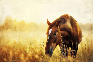 A horse stands amidst tall grass in a vast field