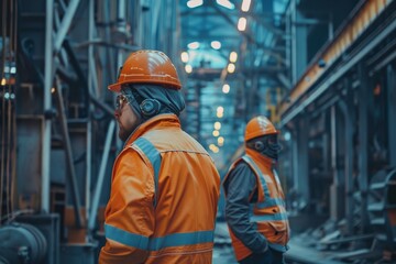 Obraz premium Industrial engineers collaborating on constructing infrastructure in manufacturing facility