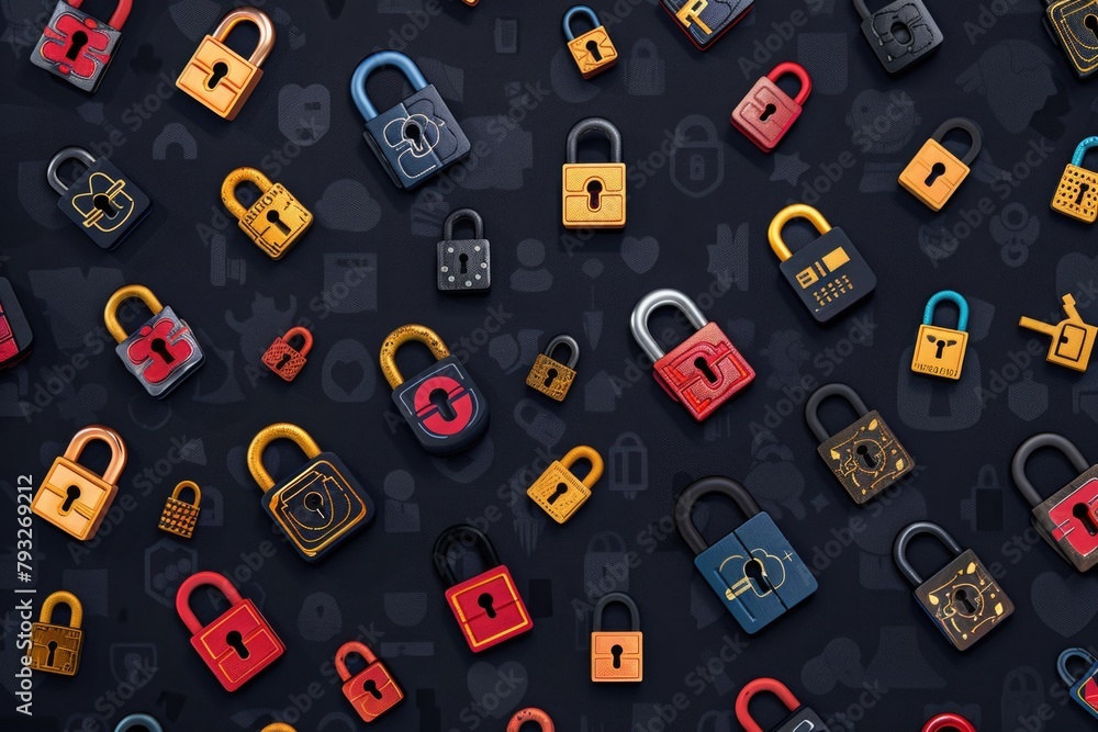 Poster Various colored padlocks displayed on a dark backdrop. Suitable for security concepts