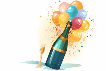 Cartoon style champagne bottle with colorful balloons. White background