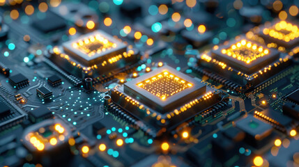 Detailed view of a circuit board with vibrant yellow lights illuminated, showcasing intricate electronic components and connections - obrazy, fototapety, plakaty