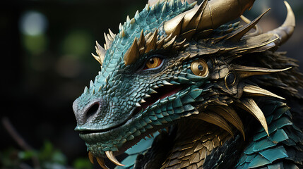 Detailed close up of a menacing dragon statue, showcasing intricate scales and sharp claws - obrazy, fototapety, plakaty
