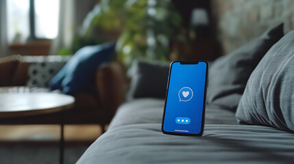 Smartphone in the house on sofa showing message received on the screen