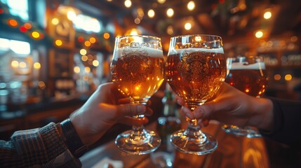 A group of people raising beer glasses in a bar toast - obrazy, fototapety, plakaty