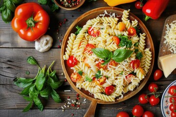 A wooden bowl filled with pasta and vegetables. Suitable for food and cooking concepts - obrazy, fototapety, plakaty