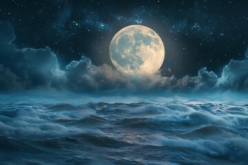 Full blue moon rising over tranquil sea at night with clouds reflecting in water