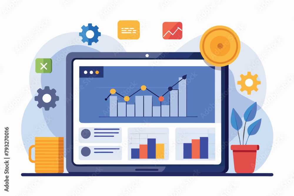 Poster a laptop screen showing a detailed graph related to trading data analysis, presentation of trading d
