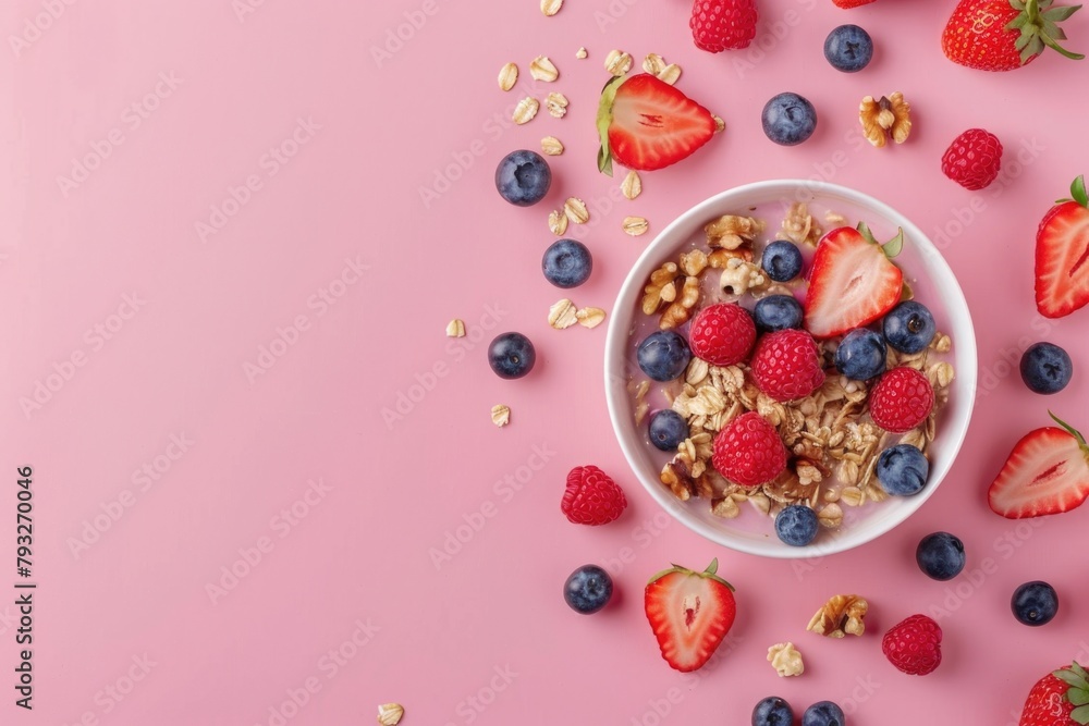 Sticker A delicious bowl of cereal with fresh strawberries and blueberries. Perfect for breakfast or healthy eating concepts