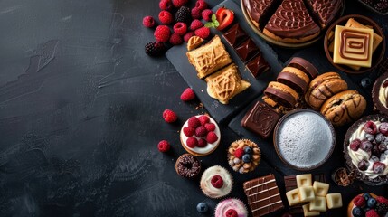 Assortment of confectionery, different types desserts on dark table. Panorama, banner, copy space 