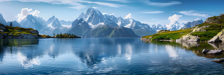 Colorful summer panorama of the Lac Blanc lake with Mont Blanc on background - obrazy, fototapety, plakaty