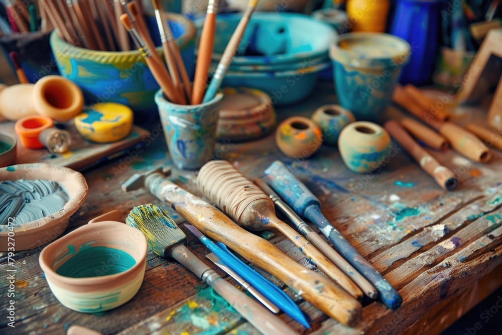 Poster various art supplies neatly arranged on a wooden table. ideal for art and craft projects