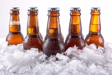 Bottles of beer in ice isolated on white background Generative AI