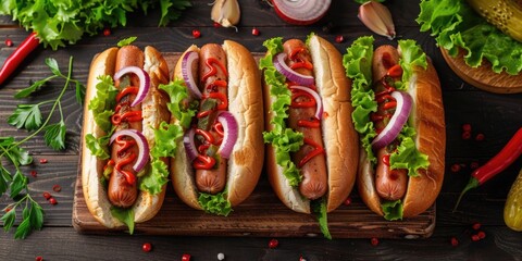A bunch of hot dogs with various toppings on a cutting board. Great for food-related designs - Powered by Adobe