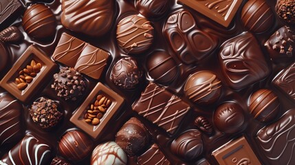 chocolate candies with various fillings, sweet food background