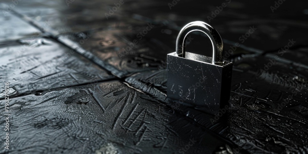 Poster a padlock sitting on top of a tiled floor. ideal for security or home improvement concepts