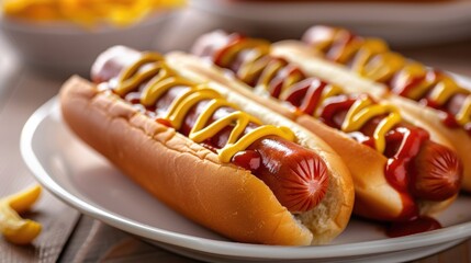 Two hot dogs with condiments on a plate, perfect for food concepts