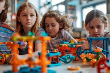 Fototapeta premium Children happily building intricate construction set with colorful designer parts
