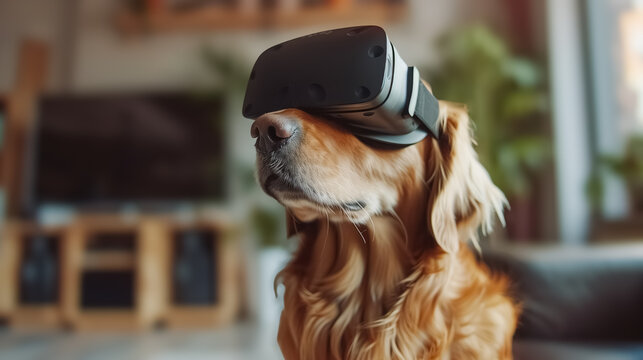 Dog wearing virtual reality headset, sitting in the sofa