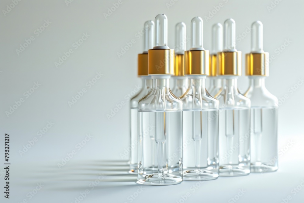 Poster a row of clear bottles with gold caps. ideal for product packaging designs