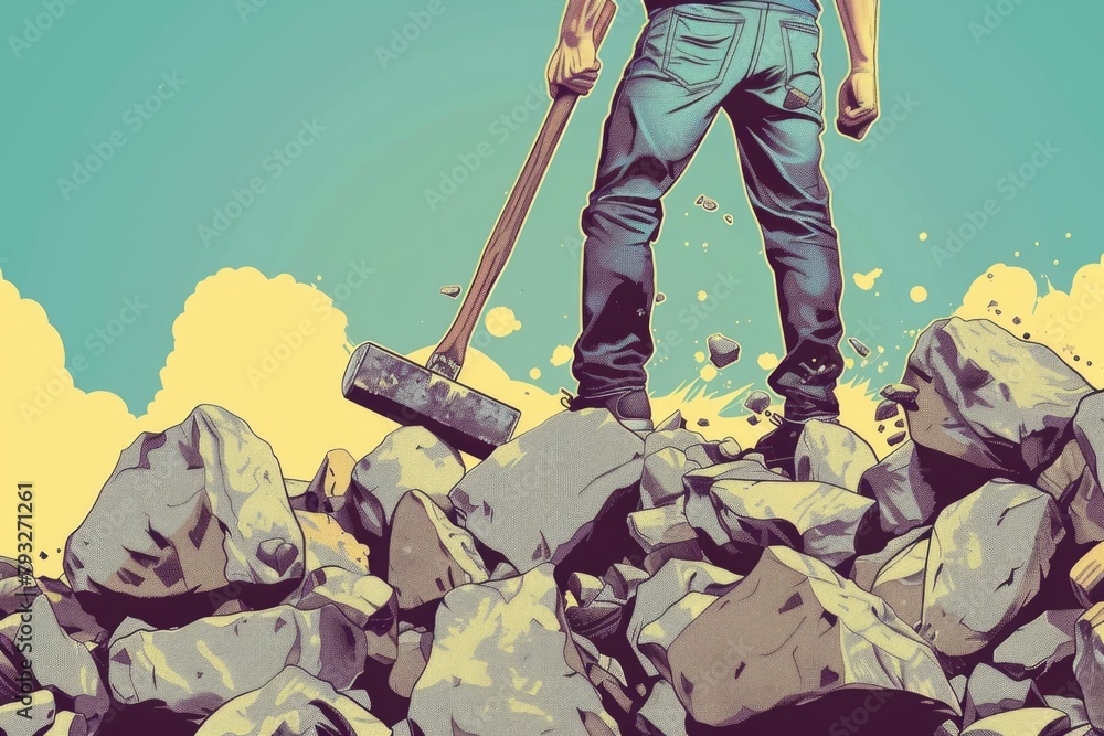 Poster A man standing on a pile of rocks with a hammer. Suitable for construction or DIY projects