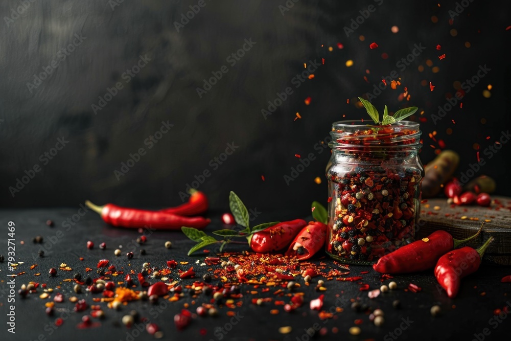 Poster a jar filled with red peppers and spices. perfect for food and cooking concepts