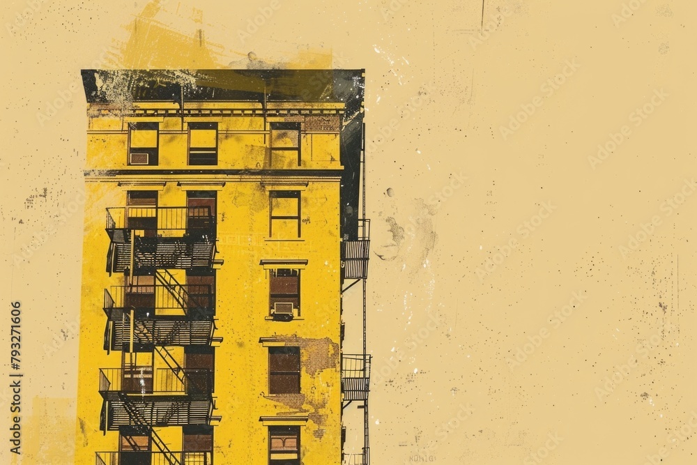 Poster a yellow building with a fire escape, suitable for urban architecture concepts