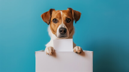 Dog putting ballot into voting box on blue background