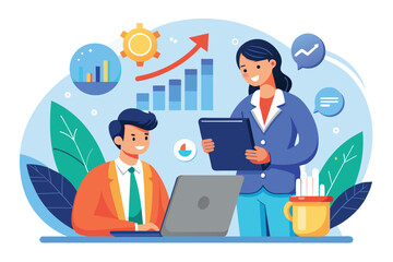 Fototapeta na wymiar A man and a woman are actively engaged in working together on a laptop for a project or task, Professional consulting service trending, Simple and minimalist flat Vector Illustration