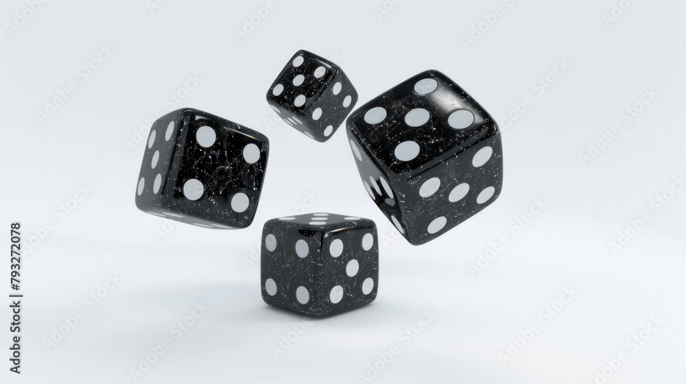 Poster three black dice with white dots flying in the air. perfect for gaming and gambling concepts