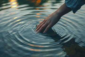 Womans hand causing ripples in lake water - concept of nature cleansing and sustainability