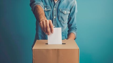 Man putting ballot into voting box on blue background, Elections voting, hand dropping vote