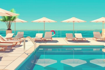 Relaxing oceanfront pool with lounge chairs and umbrellas. Ideal for travel and vacation concepts