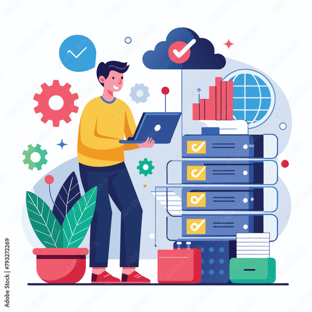 Poster a man is standing in front of a stack of books while using a laptop, programmer maintenance big data