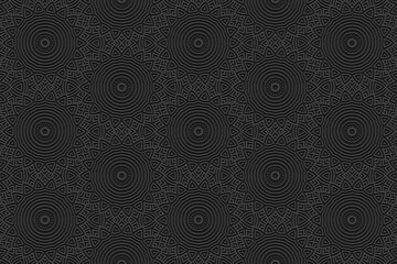 Embossed black background, ethnic cover design. Geometric ornamental lace 3D pattern. Handmade tribal style. Original boho motifs of the East, Asia, India, Mexico, Aztec, Peru.