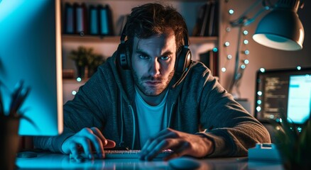 Intense Focus: A Man Immersed in Work at Night - Powered by Adobe