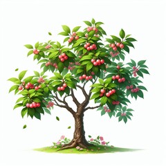 Fruit tree with red cherry berries on white background