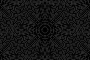 Embossed black background, ethnic cover design. Geometric ornamental colorful 3D pattern. Handmade tribal style. Original boho motifs of the East, Asia, India, Mexico, Aztec, Peru. 